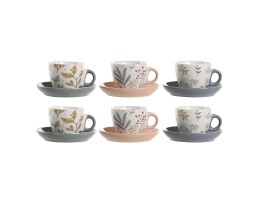 Set med kopper og underkopper DKD Home Decor Blå Grå Multifarvet Lyserød Porcelæn 90 ml 11 x 11 x 2 cm (3 enheder)